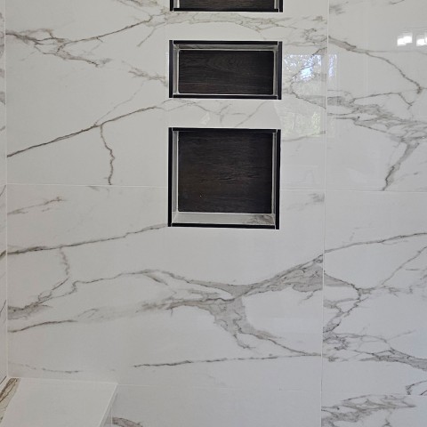 Project Master bathroom, large format tiles marble look, pebble, Castle Pines, Colorado ' image - ' 7